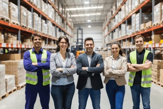 Employees smiling for a photo in the NSJ Wholesale warehouse showcasing a unified and dedicated team